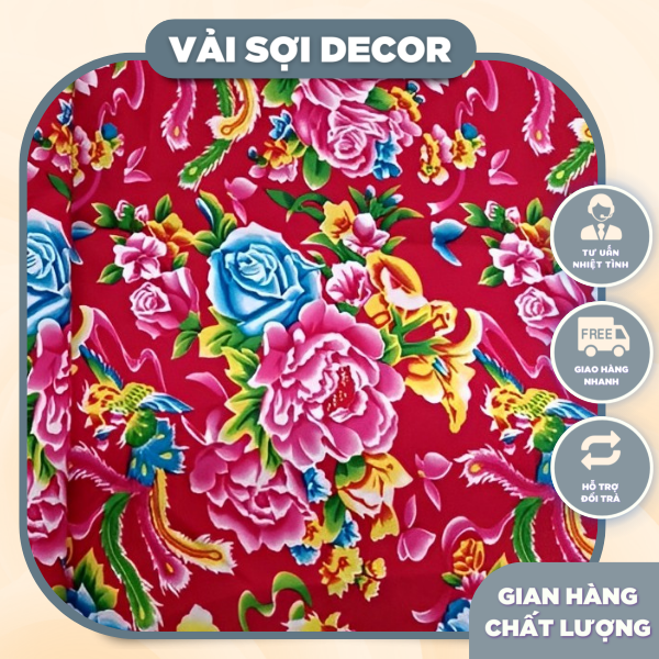 Vải chăn con công đơn đỏ Decor (khổ  1,6m)