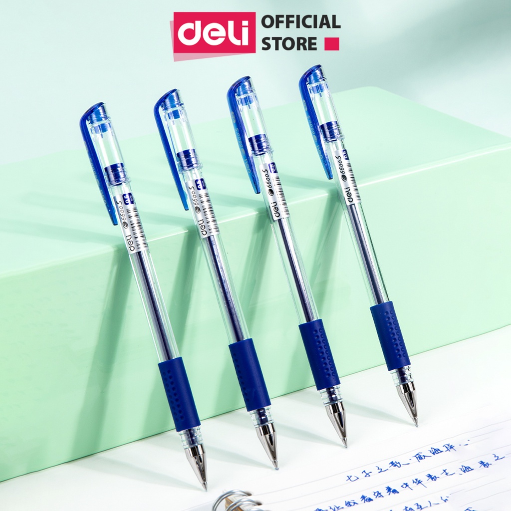 Bút bi nước bút gel xanh đen Deli có nặp đậy ngòi 0.5mm Deli, viết mực viết bi nước xanh đen deli nhanh khô lâu hết mực nét viết trơn tru đều đẹp cho học sinh E6600S