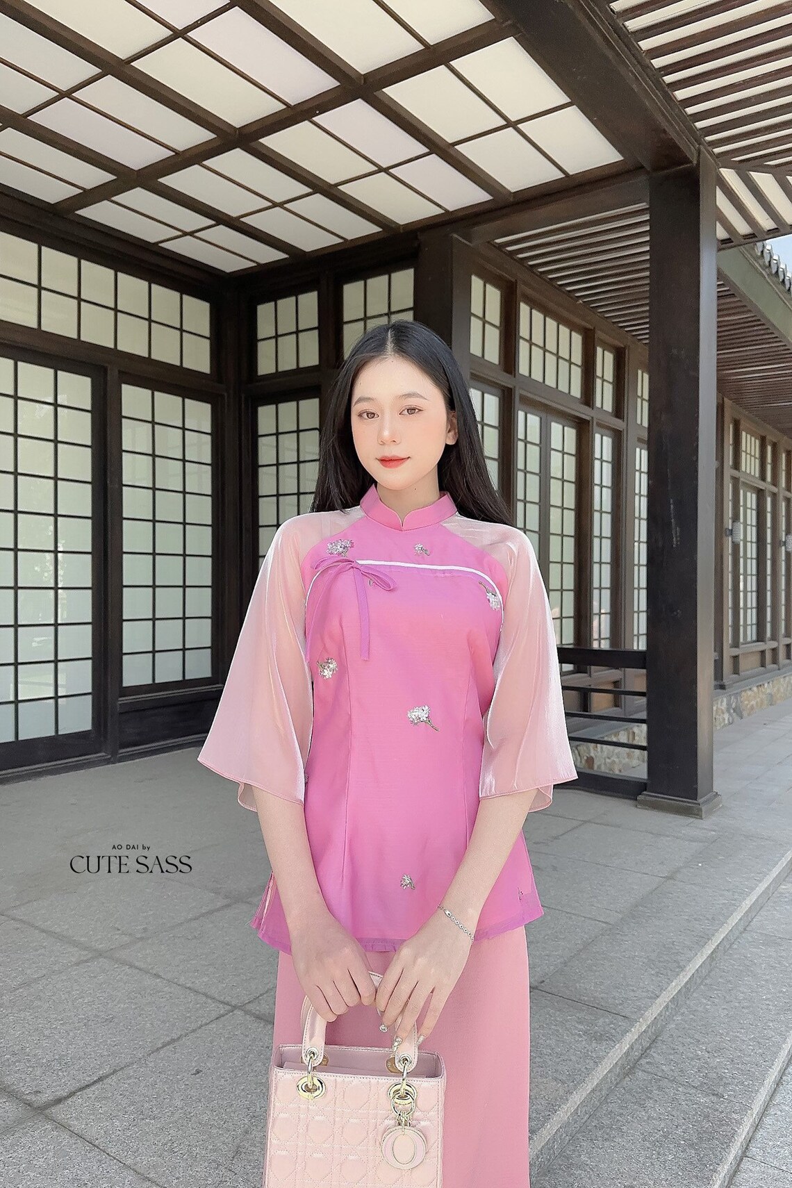 Bộ đồ lam đi lễ chùa thiết kế cách tân tay bồng màu Be - Áo cách tân may sẵn màu Be