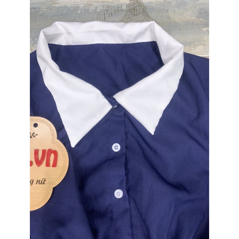 đầm dài suông phối nút cổ bẻ ngắn tay DUTIEC2