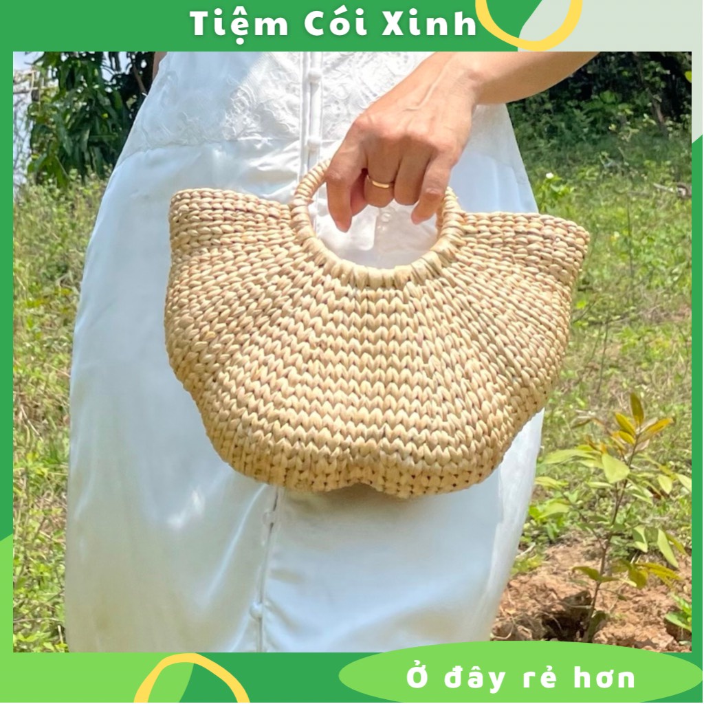 Túi lục bình tiệm cói xinh giỏ xách cói việt nam mẫu trơn hình lá sen mộc mạc