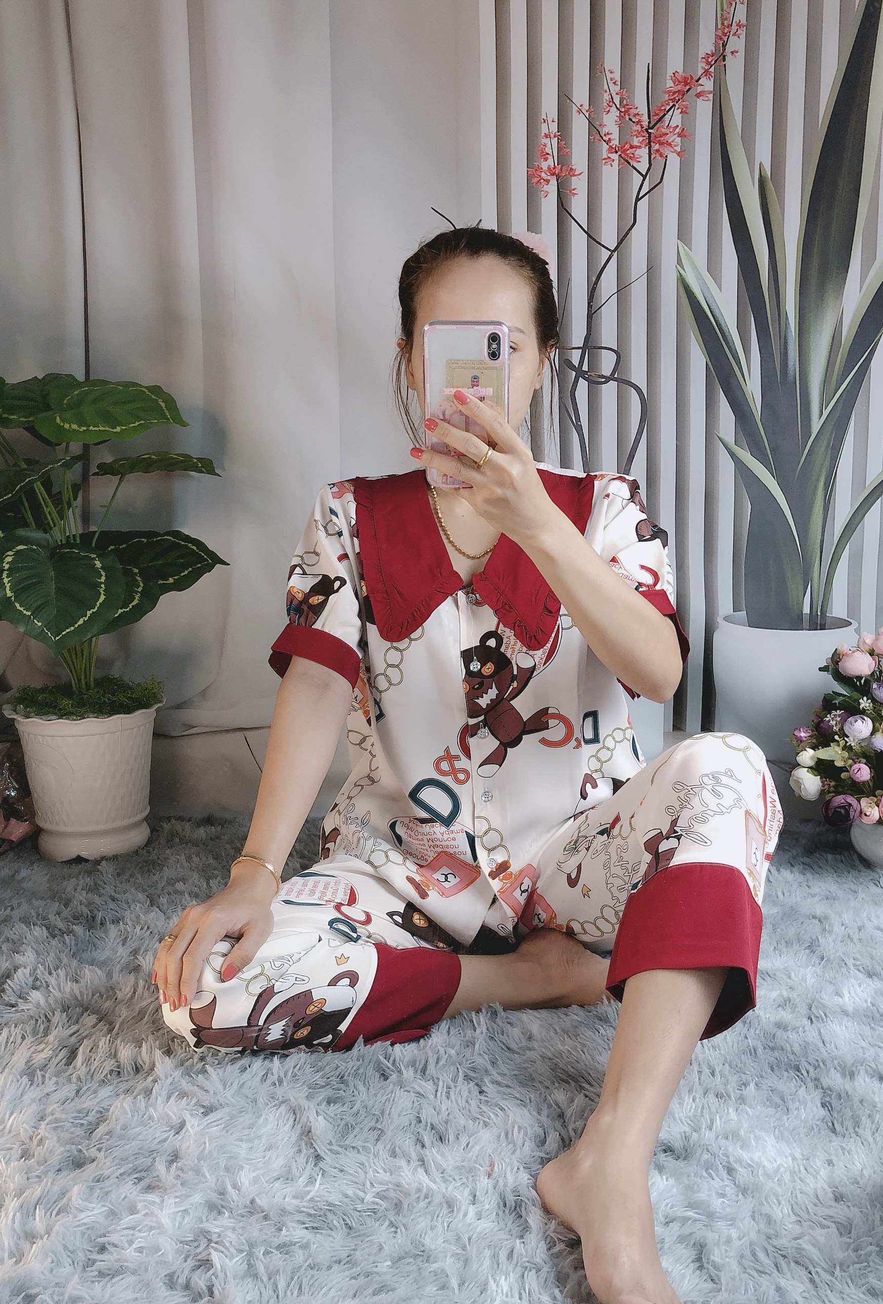 Pyjama vải Mango cổ phối - Hình chụp thật