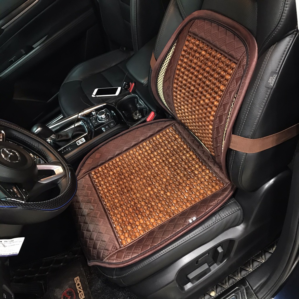 Bộ tựa lưng kèm lót ghế ô tô có hạt gỗ massage phối viền Da cao cấp dùng cho ô tô - văn phòng chống đau mỏi lưng