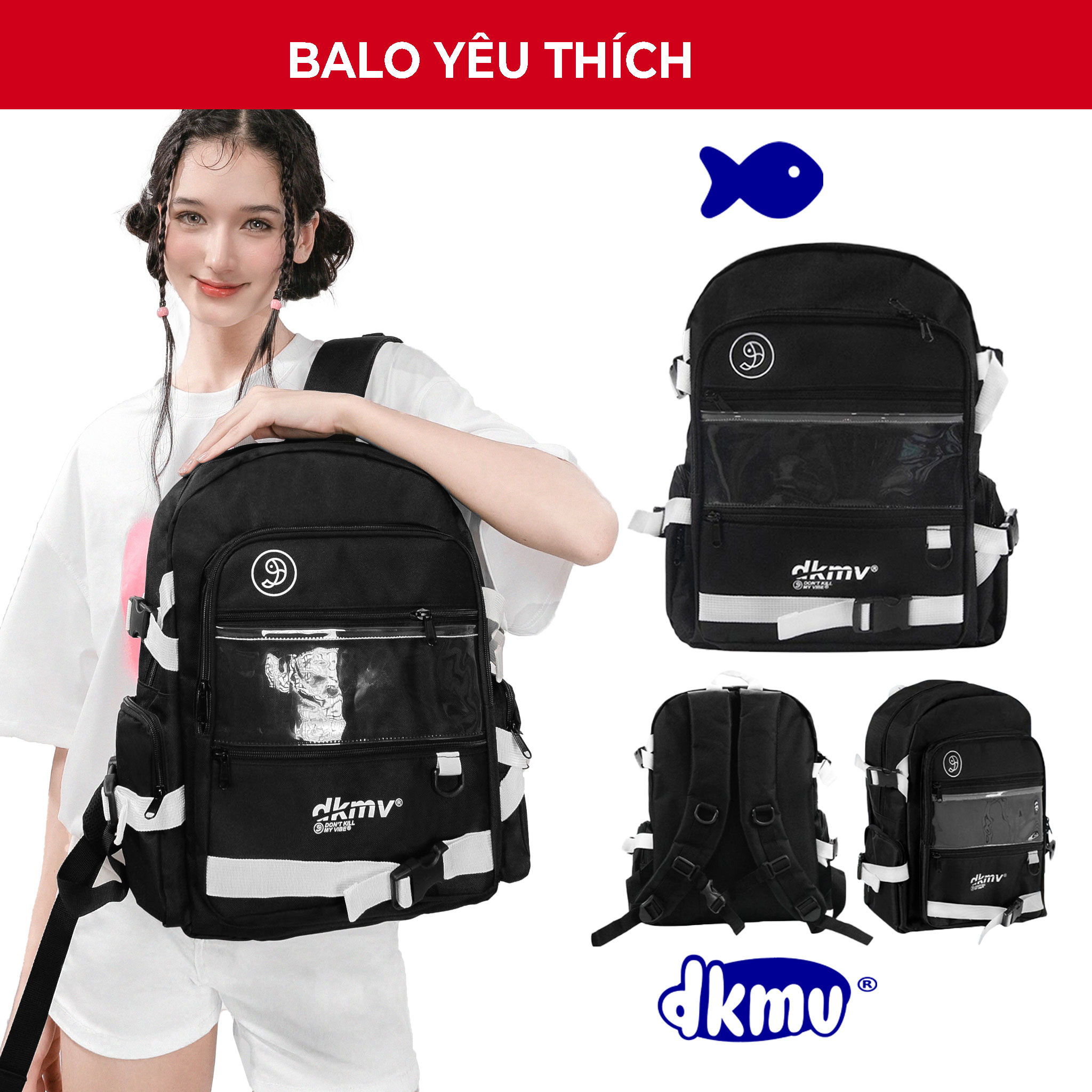 Balo nữ học sinh đi học màu đen DKMV Plastic Logo Backpack | K-P6