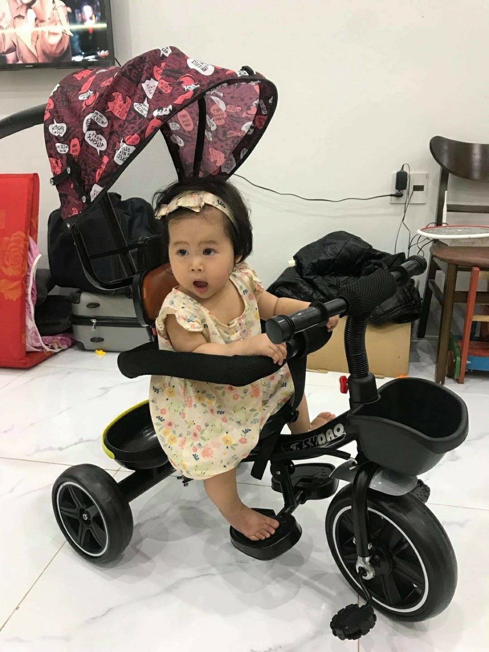 Xe đạp 3 bánh có mái che và tay đẩy
