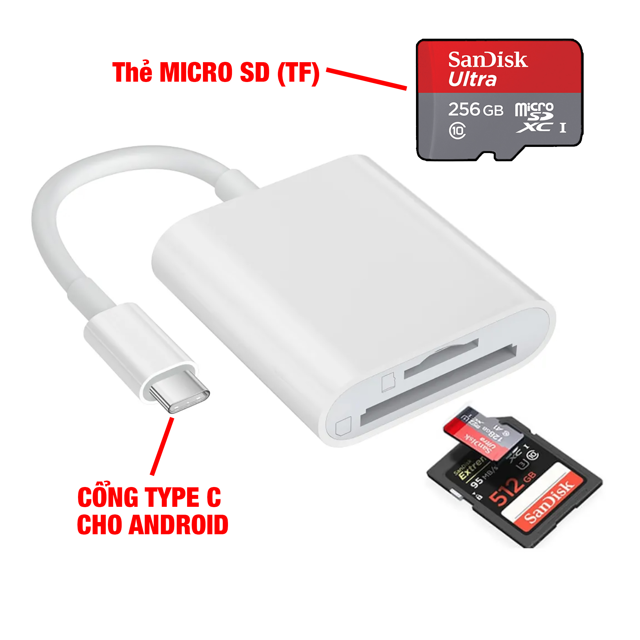 Đầu đọc thẻ nhớ Micro SD (TF), SD cho điện thoại Android Type C và IP "táo"