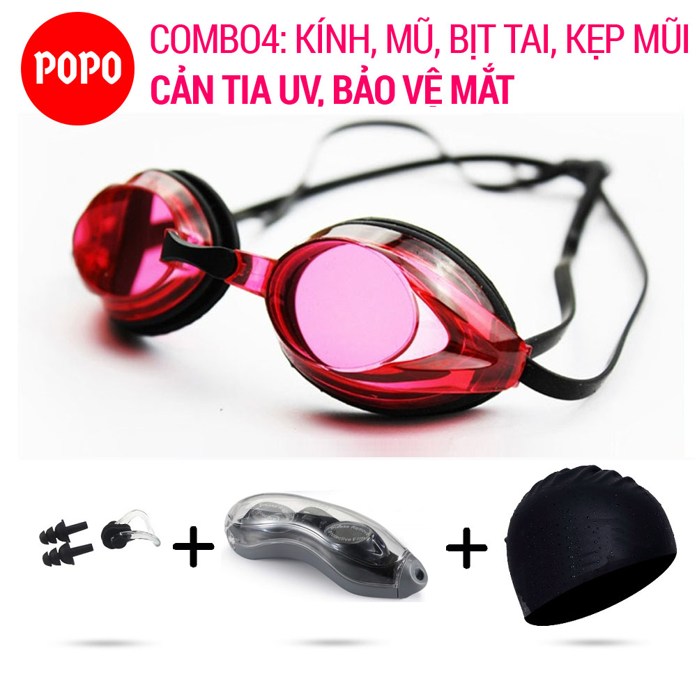 Kính bơi chuyên nghiệp 1154 mắt trong, mũ bơi trơn, bịt tai kẹp mũi POPO Collection