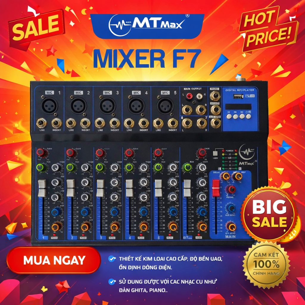 ( PHIÊN BẢN NÂNG CẤP ) Mixer MAX F7 USB Plus 2026 – Bàn Mixer F7 USB  Hiệu Ứng Live Stream | Hỗ Trợ Màn Hình LED Có Bluetooth (Equalizer) Dành Cho Loa Kéo – Âmly Dàn Hát Karaoke Gia Đình Âm Thanh Chắc Khỏe. Bảo Hành 12 Tháng