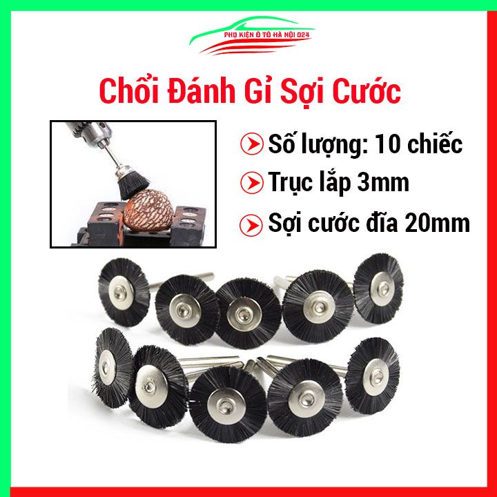 Bộ 10 chổi đánh rỉ trục 3mm sợi cước đường kính 20mm gắn máy khoan cầm tay đánh bóng, làm sạch