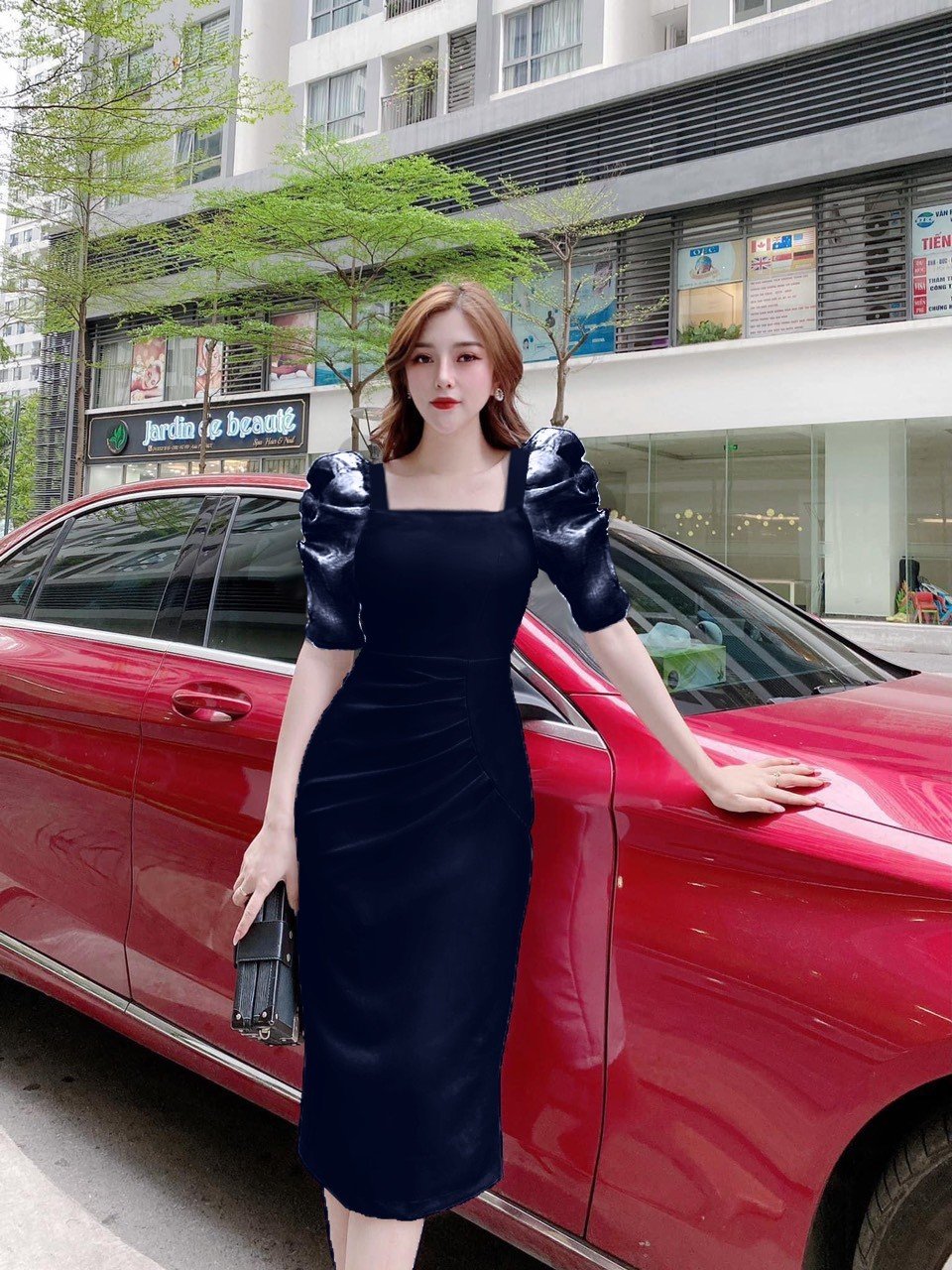 Đầm body cổ vuông xếp ly cao cấp - yb220501