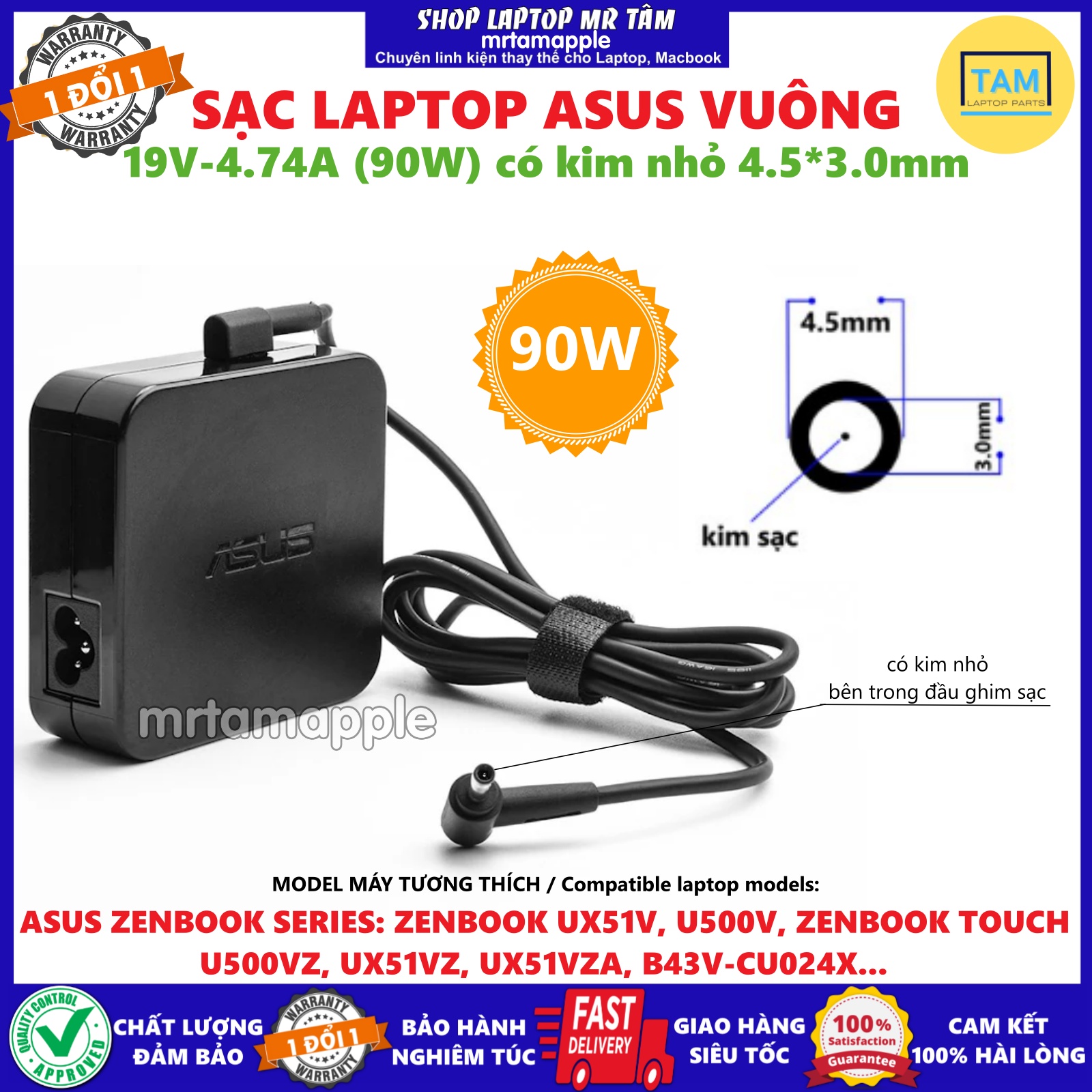Sạc laptop asus vuông 19v-4.74a có kim nhỏ 4.5 x 3.0mm dành cho u500v u500vz u500v u500vz ux51vz ux51v ux51vz