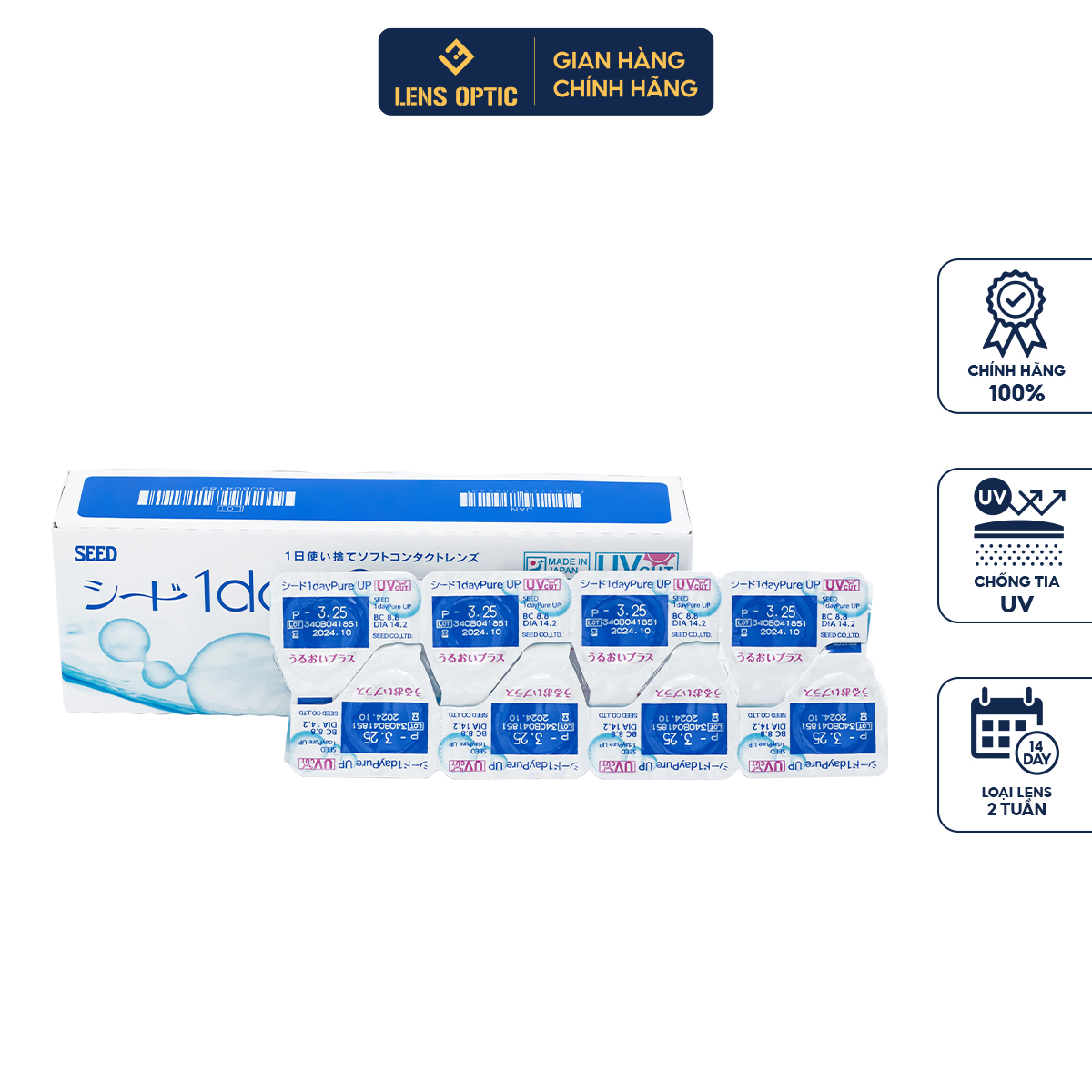 Kính áp tròng SEED Nhật Bản dùng 1 ngày không màu, lens SEED 1day Pure trong suốt có độ cận- Lens Optic