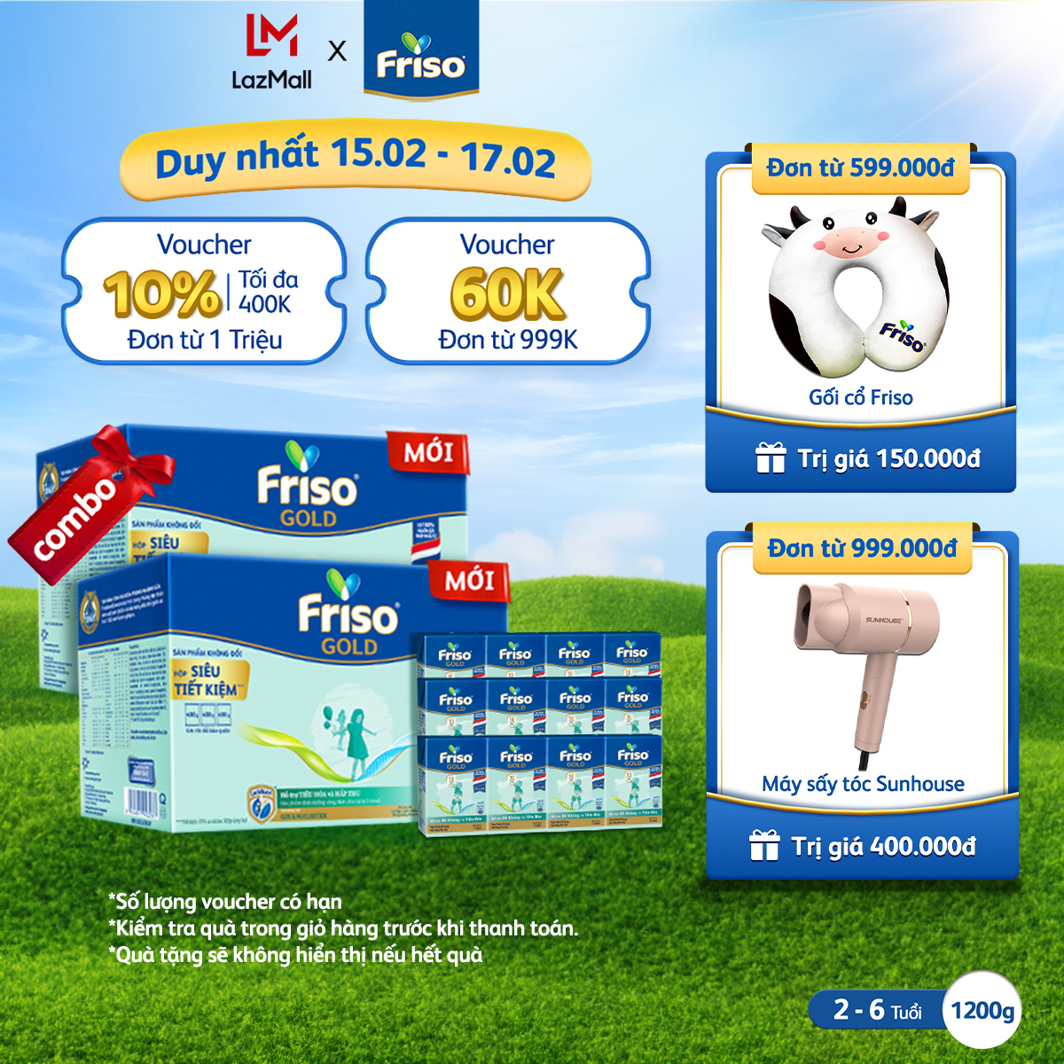 [Tặng 3 lốc RTD 110ml] Combo 2 Hộp Sữa Bột Friso Gold 4 Hộp Giấy 1200g/hộp