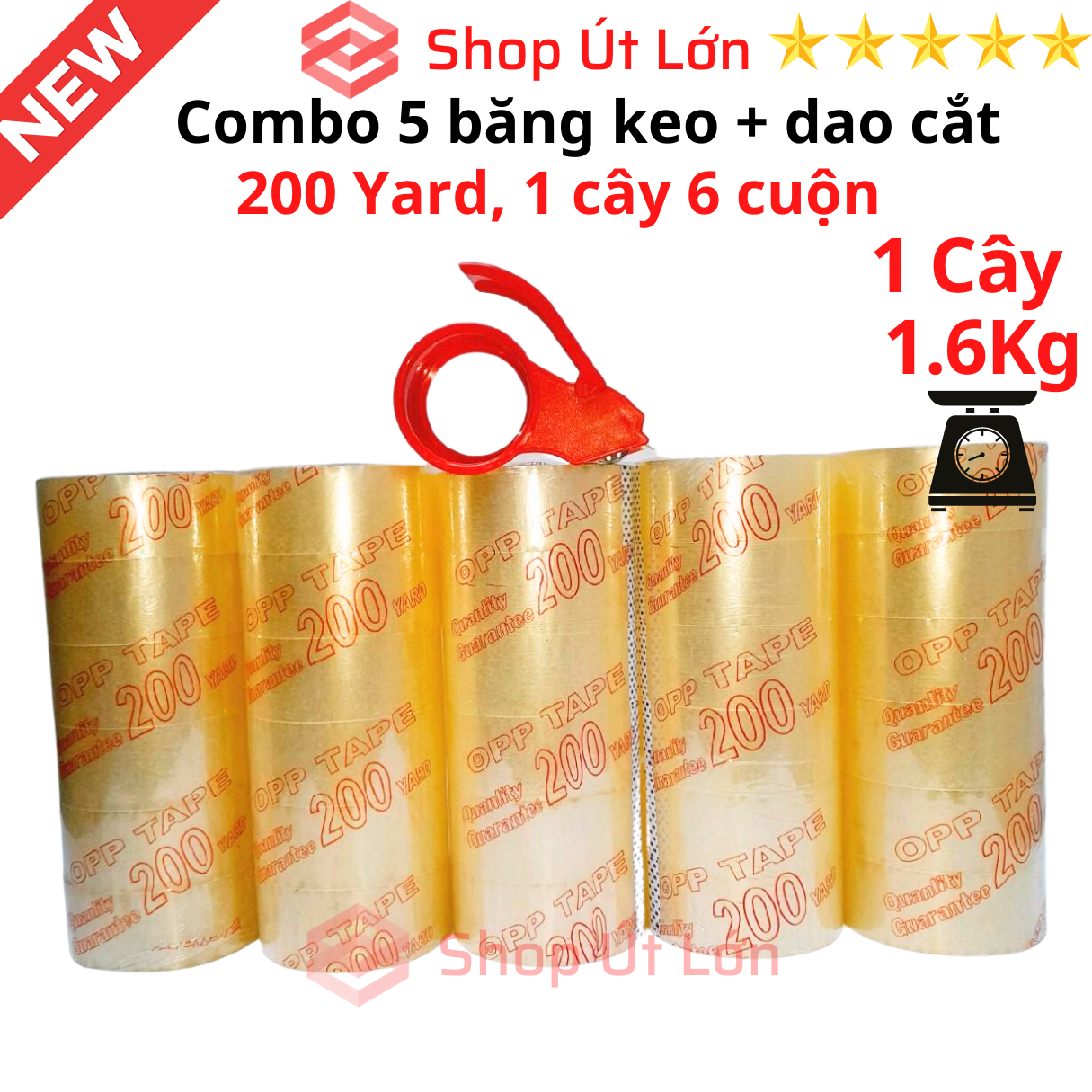 Combo 5 cây băng keo trong, đục 200yard kèm dao cắt, 1 cây 1.6kg lõi giấy 5mm, chiều rộng cuộn 4,7cm, 1 cây có 6 cuộn