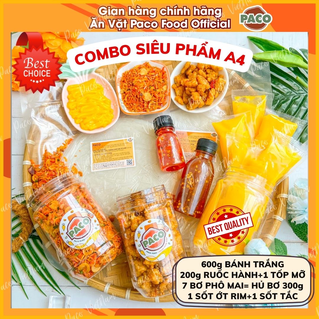 Combo a4 kèm hủ bơ phô mai 300g siêu phẩm paco food bt phơi sương sấp bánh 300g 1 hủ tốp mỡ 1 hủ ruốc hành phi 1 chai sốt tắc 1 sốt ớt rim