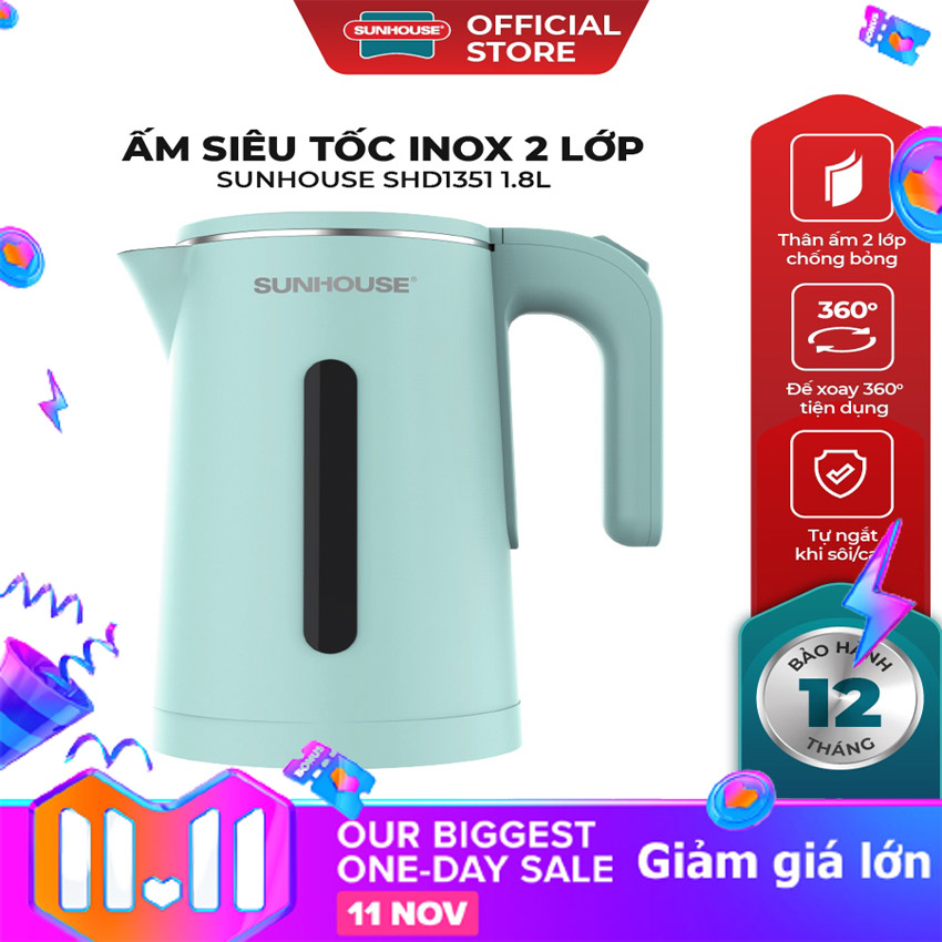 Ấm siêu tốc sunhouse , bình đun nước nóng siêu nhanh , ấm điện shd1353 , ấm điện shd1351 , ấm innox 2 lớp 1.8l , ấm điện công suất lớn , ấm đun nước , ấm siêu tốc giá rẻ