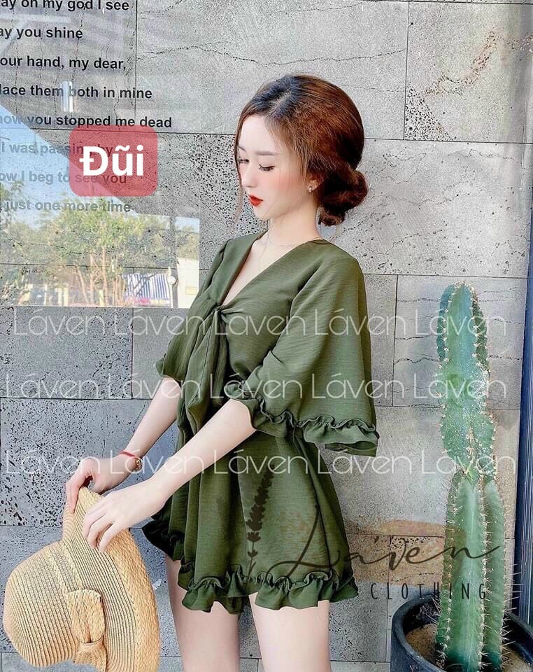 Bộ Jum xếp bèo đi biển siêu đỉnh, Jum xếp bèo eo chun cột nơ ngực sexy, Jum cột nơ ngực chất liệu đũi thích hợp vào mùa hè