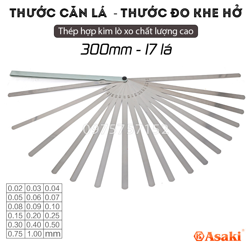 Thước căn lá - Thước đo khe hở 300mm 17 lá 0.05-1.00mm Asaki AK-142, chỉnh cò đo supap, thép lò xo đàn hồi, chính xác cao, thước lá căn đo khe hở, bộ dưỡng đo độ dày, dưỡng đo khe hở