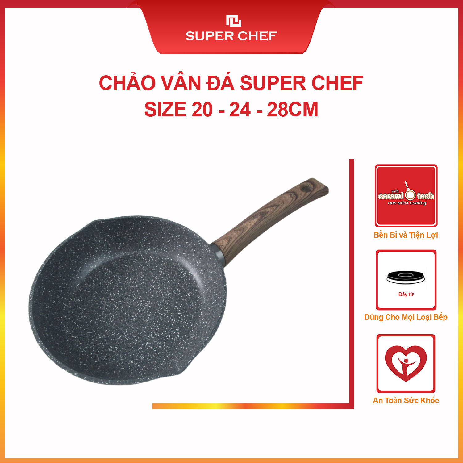 Chảo Chống dính Vân Đá Super Chef 2 miệng rót Siêu Bền Bỉ