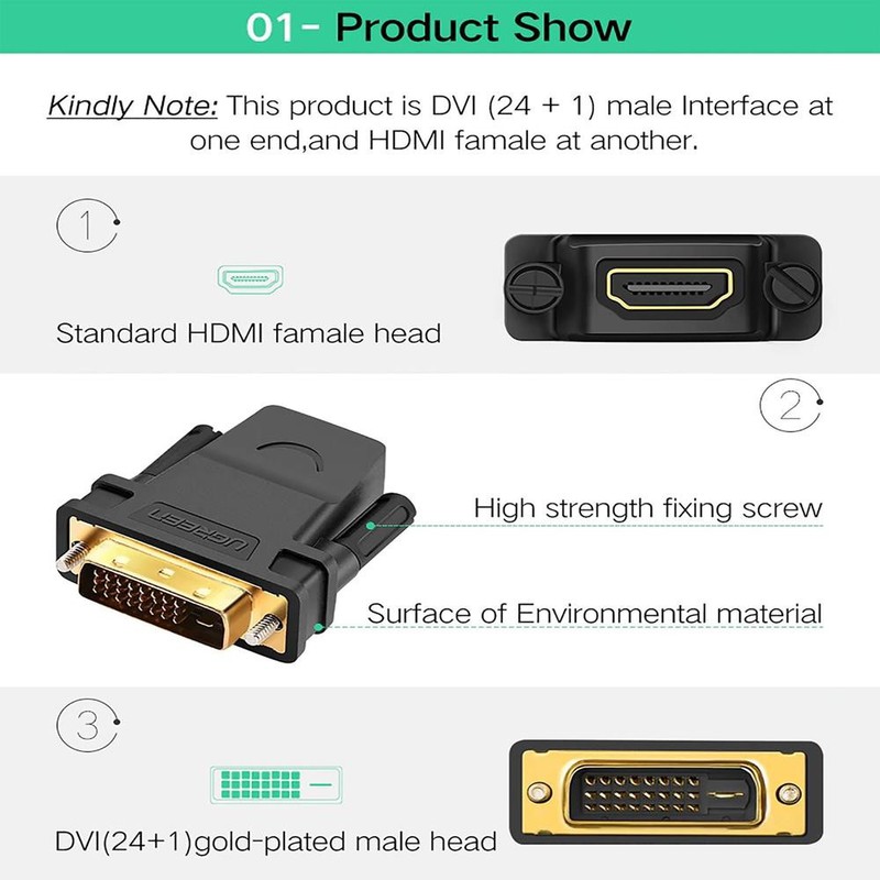 Đầu chuyển đổi cổng HDMI cái sang DVI-D (24+1) đực UGREEN 20124 (màu đen)