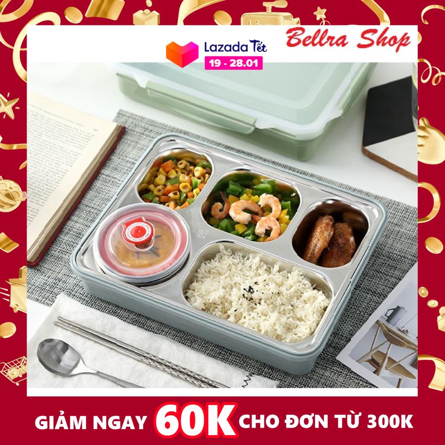 Hộp Cơm Văn Phòng Khay Inox 5 Ngăn Có Bát Để Canh Bọc Nhựa Bên Ngoài - Có Giá Điện Thoại Tặng Thìa Đũa Inox Cao Cấp