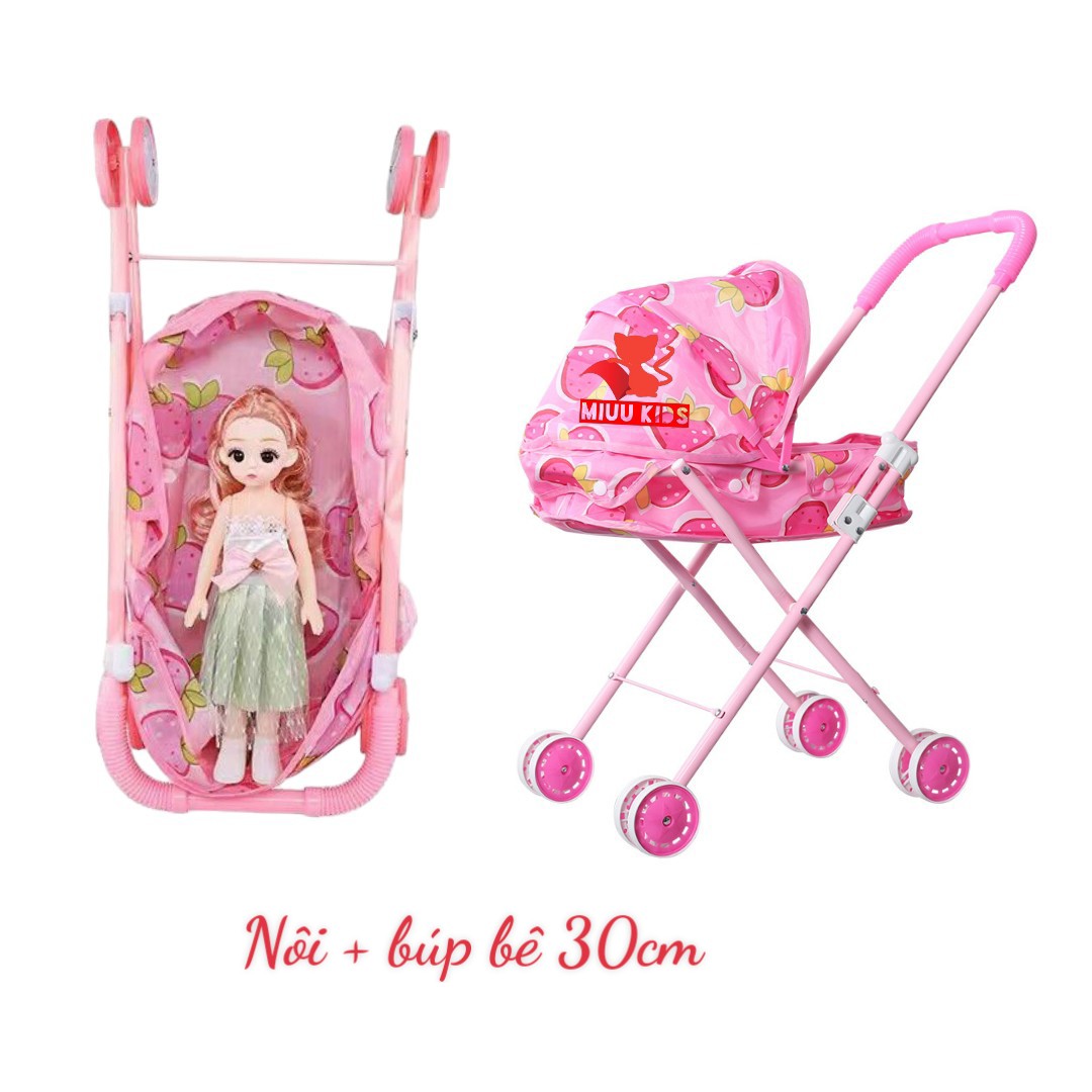 Đồ chơi búp bê xe nôi đẩy màu hồng cỡ lớn, có mái che nắng kèm 2 búp bê cho bé