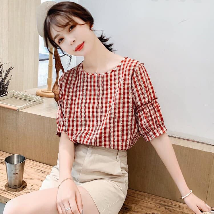 áo kiểu nữ kẻ caro dáng suông đẹp