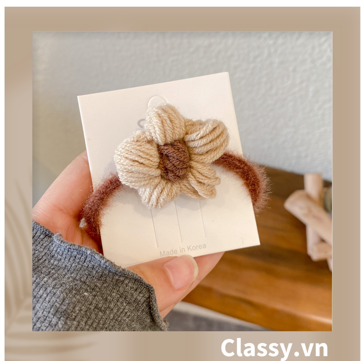 Classy Dây Cột Tóc Đính Hoa Bằng Len Phong Cách Hàn Quốc