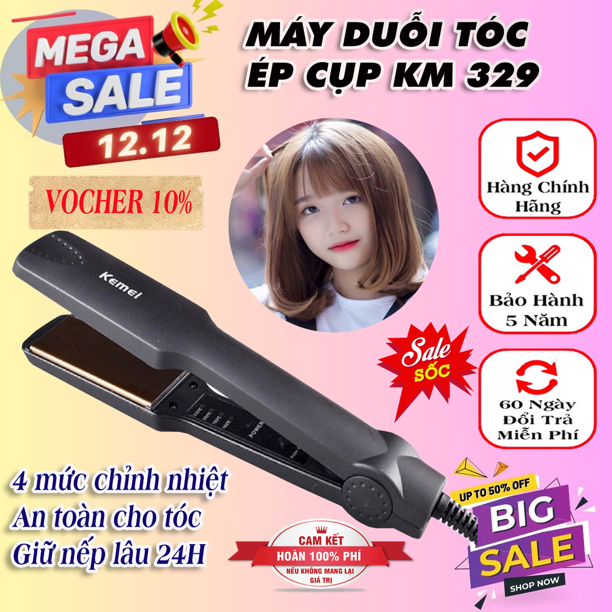 Máy dập xù tóc bản to, máy bấm phồng chân tóc Kemei KM-322, máy bấm tóc mini gợn sóng giá rẻ công suất lớn, tiết kiệm điện, bảo vệ tóc không gây hư tổn bảo hành 24 tháng