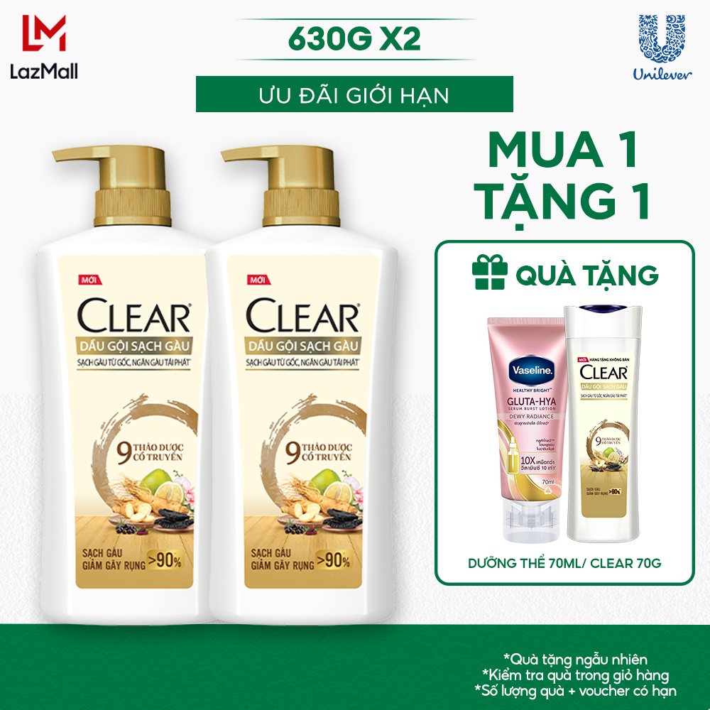 Combo 2 Dầu Gội CLEAR 9 Thảo Dược Cổ Truyền Sạch Gàu Giảm Gãy Rụng 630G x 2