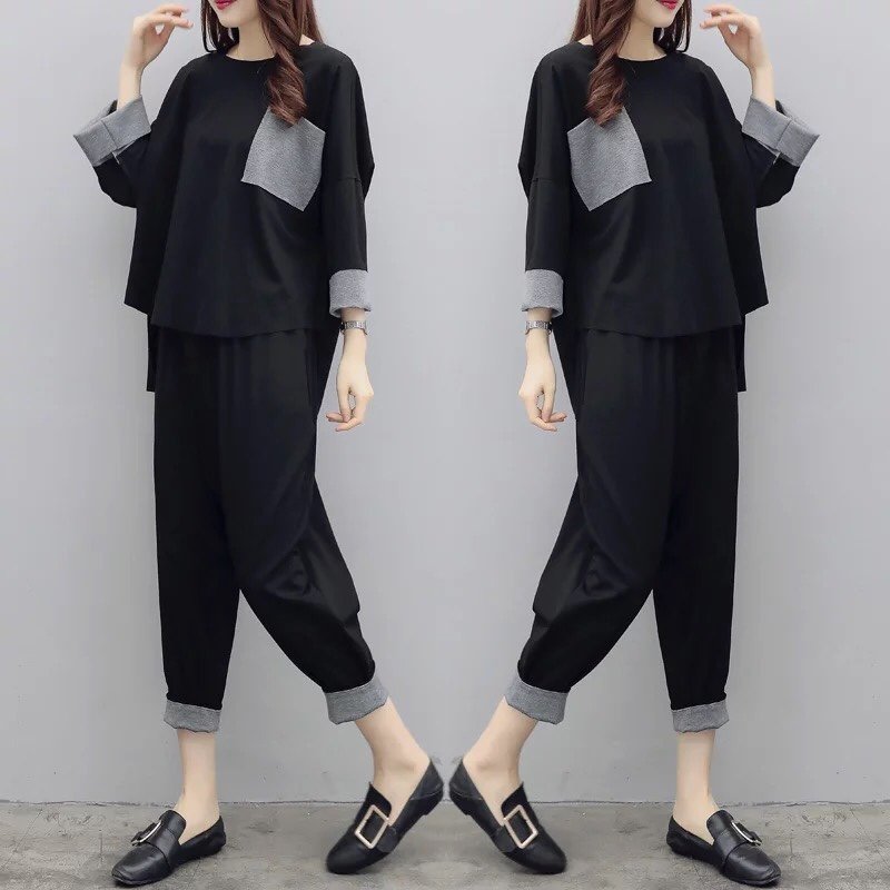Sét bộ nữ phối lai tay dài cổ tròn thời trang thu đông s55