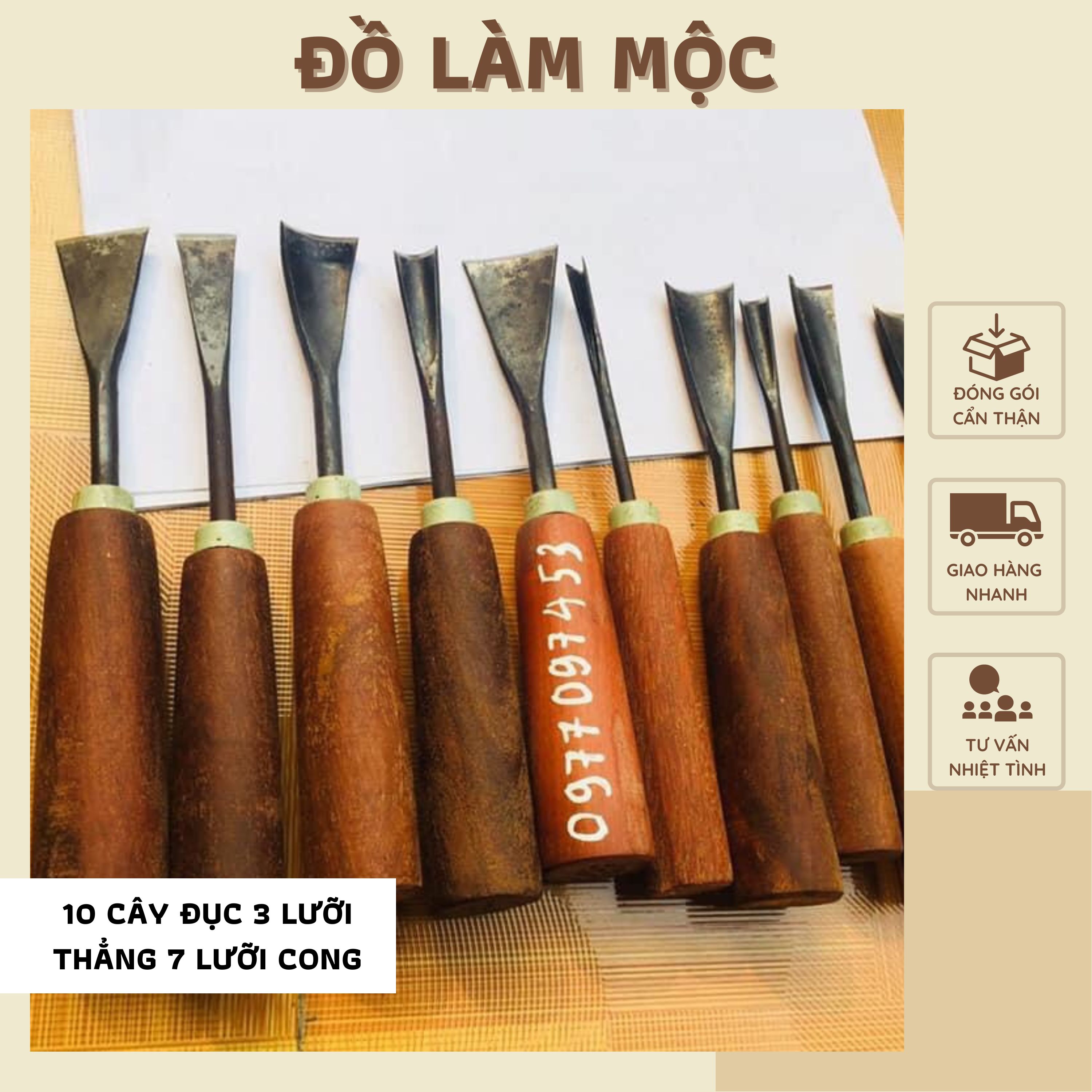 Bộ 10 cây đục 3 lưỡi thẳng 7 lưỡi cong kết hợp chạm trổ gỗ đục bàn ghế điêu khắc tranh tra cán gỗ nhám tay cầm chắc chắn