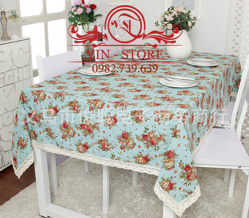 140X180cm KB044 Khăn trải bàn Hoa Hồng Nền Xanh Vinstore Homedecor Khăn trai bàn ren khăn trải bàn đẹp khăn ăn khăn bàn tablecolths tableware flower canvas vintage tea dining table cafe fabric linen cotton