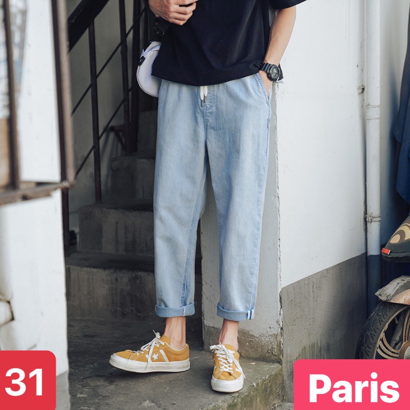 QUẦN BAGGY JEAN NAM CHẤT BÒ XANH LƯNG THUN CẠP CHUN ỐNG RỘNG HÈ HÀN QUỐC DB-31 - PARIS FASHION