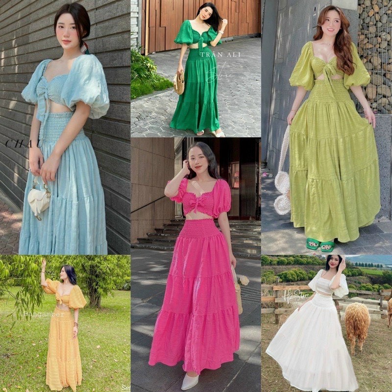 Sét váy maxi đi biển dáng dài phối áo croptop tay bồng, sét váy đi biển, áo tay phồng cổ vuông, chân váy xòe tầng