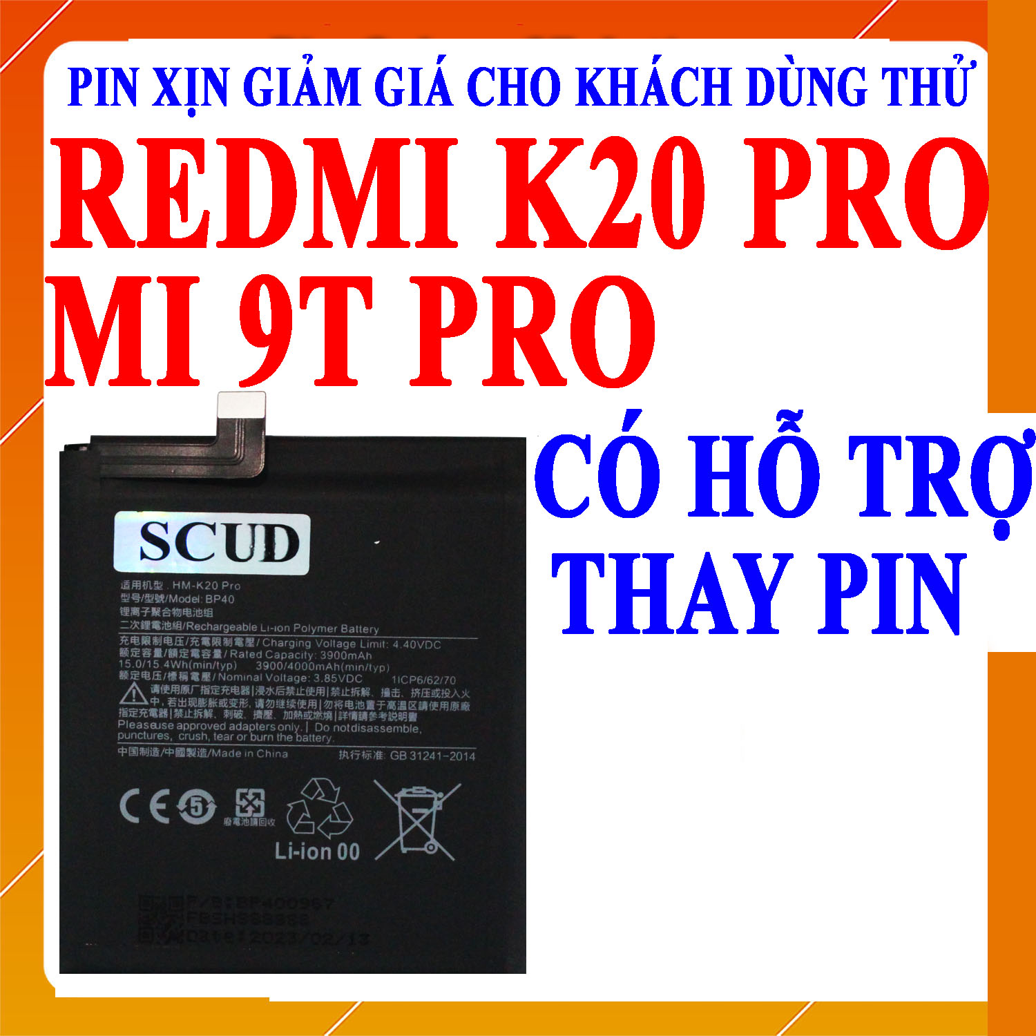 Pin scud cho xiaomi redmi k20 pro/mi 9t pro/mi9t pro bp40 dung lượng 4000mah