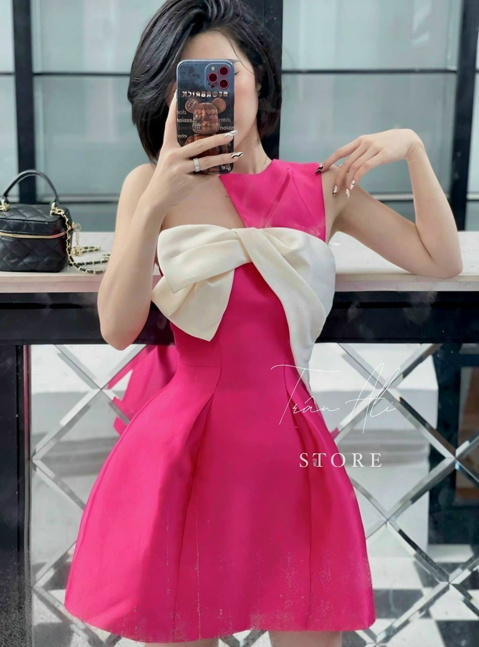 Đầm nữ thời trang mặc đi tiệc, Đầm nữ tapta sát nách lệch vai phối nơ váy xoè xếp li đi tiệc sang chảnh