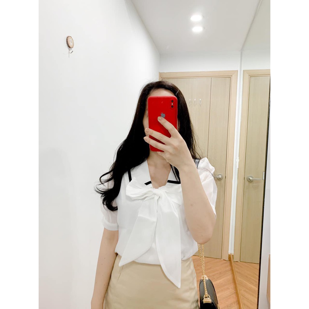 Áo sơ mi cộc tay viền cổ thắt nơ