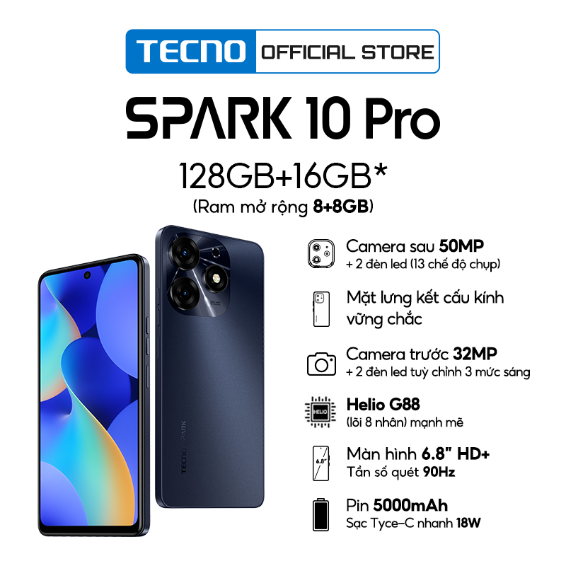 [Mở bán từ 18-20/04] Điện thoại Tecno SPARK 10 Pro 8GB/128GB - Helio G88 | 5000 mAh | Sạc nhanh 18W | Cảm ứng vân tay