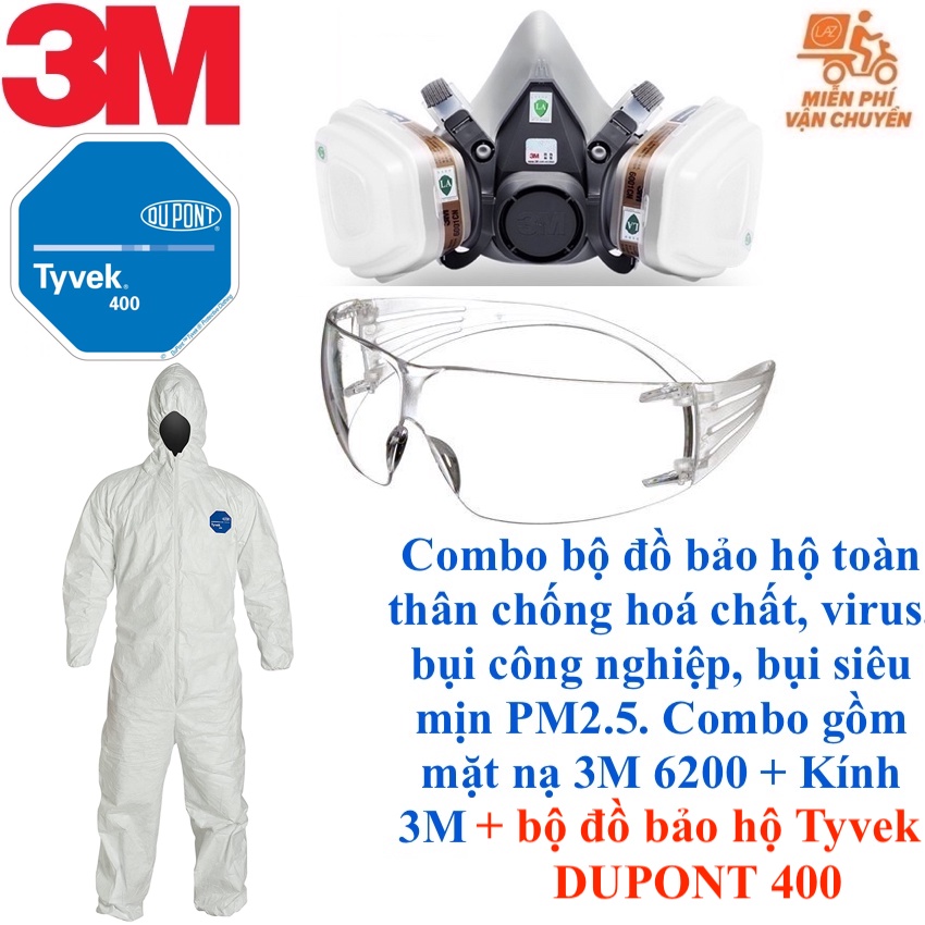 Combo Quần Áo chống hoá chất 3M 4545 hoặc DuPont Tyvek, DeltaPlus, và mặt nạ phòng độc 3M 6200, kính chống hoá chất 3M dùng phun sơn, phun thuốc trừ sâu, chống tĩnh điện, chống virus, chống bụi công nghiệp độc hại, hợp với cả nam và nữ