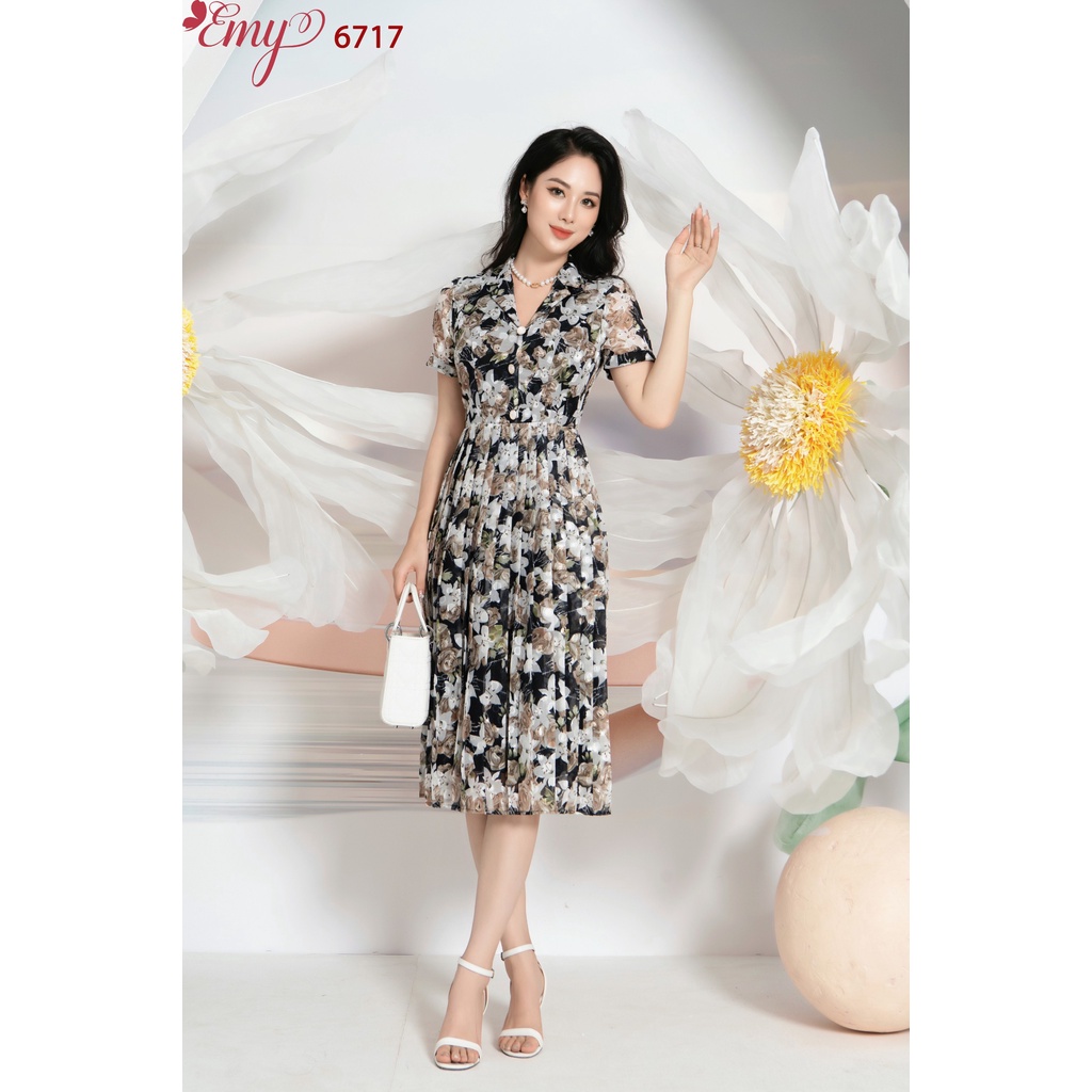 Đầm EMY EM6717 Xoè Dập PLy Cổ V Kết Nút