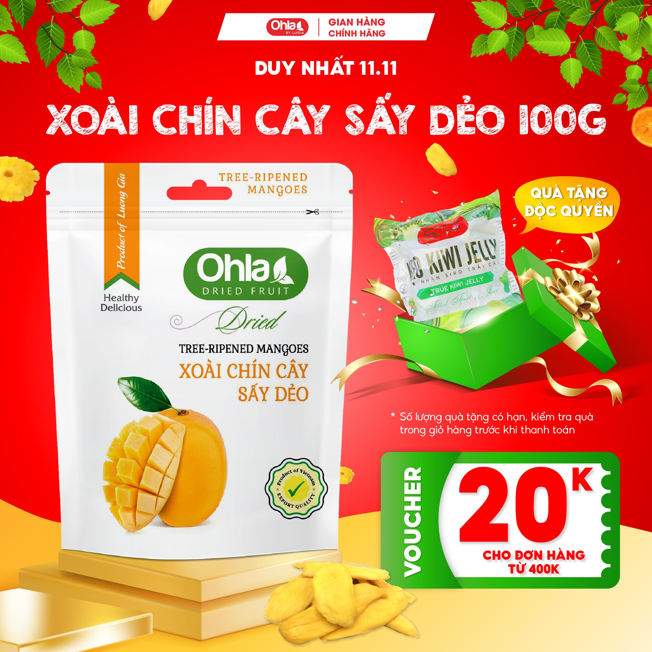 Xoài Chín Cây Sấy Dẻo Ohla 100g - Trái Cây Tươi Giàu Dinh Dưỡng & Vitamin