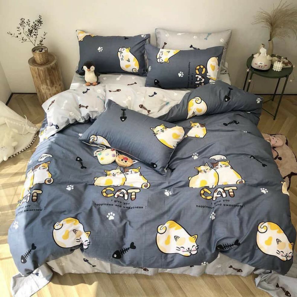 Bộ Chăn Ga Gối Mèo Ú Cotton Poly