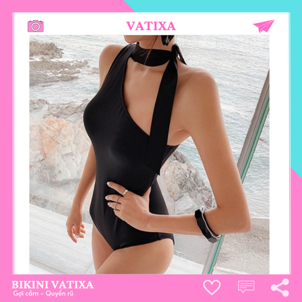 Nơi bán [HCM]Bikini 1 mảnh cột dây cổ màu đen sang chảnh VATIXA BKN69