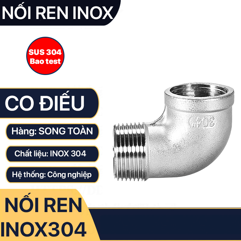 Co Điếu Inox 21, Co Ren Trong Ren Ngoài 21 27 34 Inox