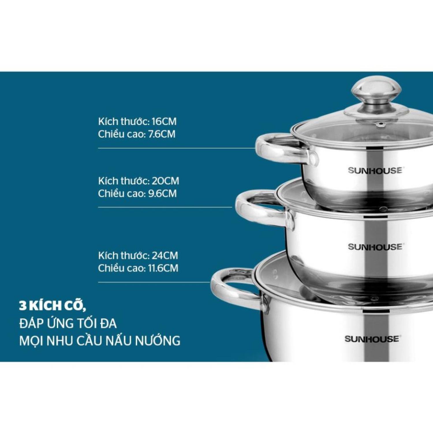 Bộ 3 nồi inox 3 đáy sunhouse sh333 sh224