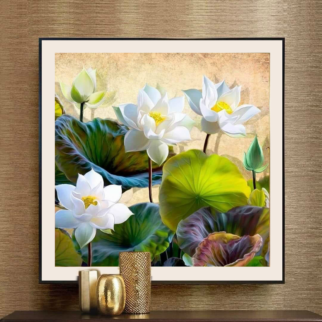 Tranh canvas treo tường hoa sen trắng khổ vuông 70 x 70 cm