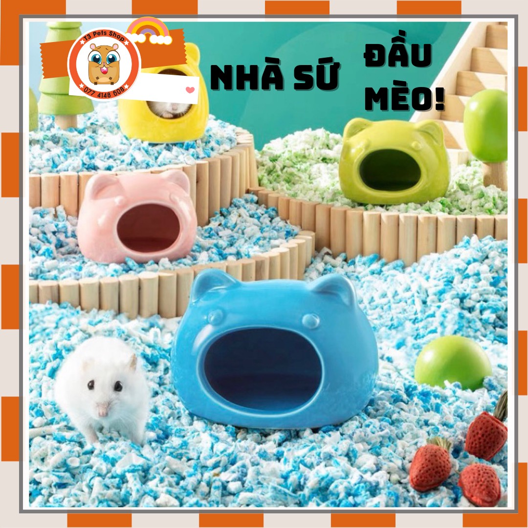 Nhà sứ đầu mèo 2 size cho hamster / sóc / fat tail/ ... - T3 PETS SHOP
