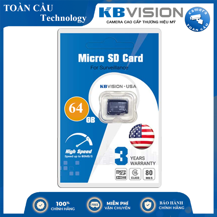 [100% CHÍNH HÃNG] Thẻ Nhớ Micro SD KBVISION 64GB - Tốc độ đọc lên tới Class 10 - Camera Toàn Cầu