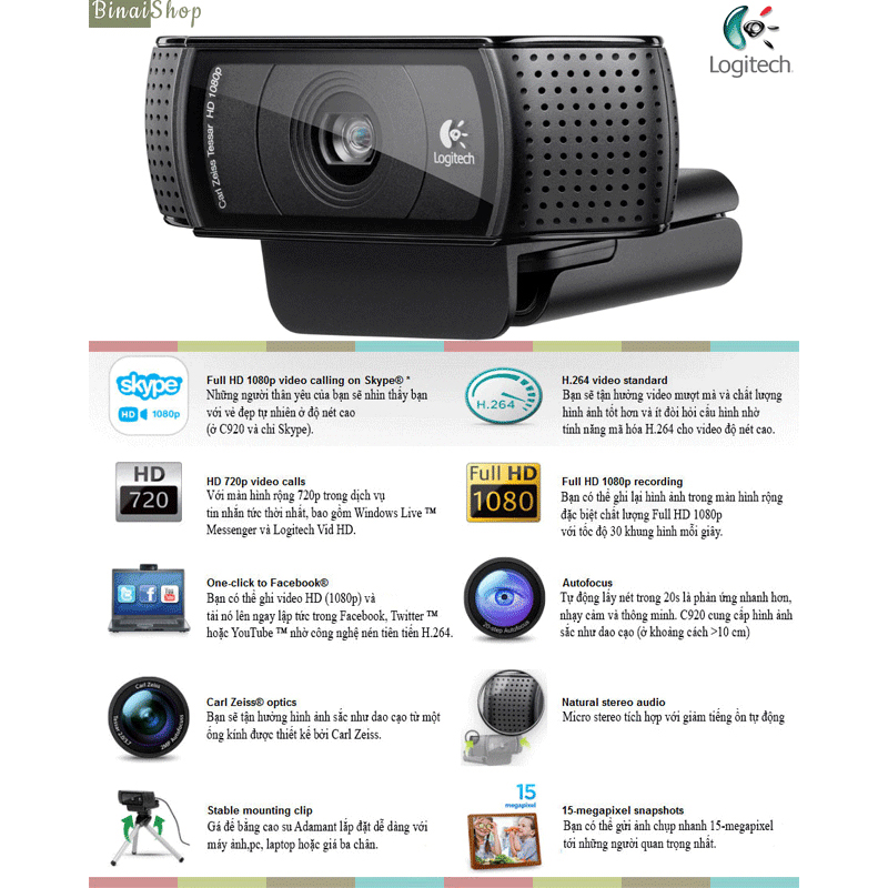 Logitech C920 Pro - Webcam HD 1080p, Tích Hợp Micro Stereo